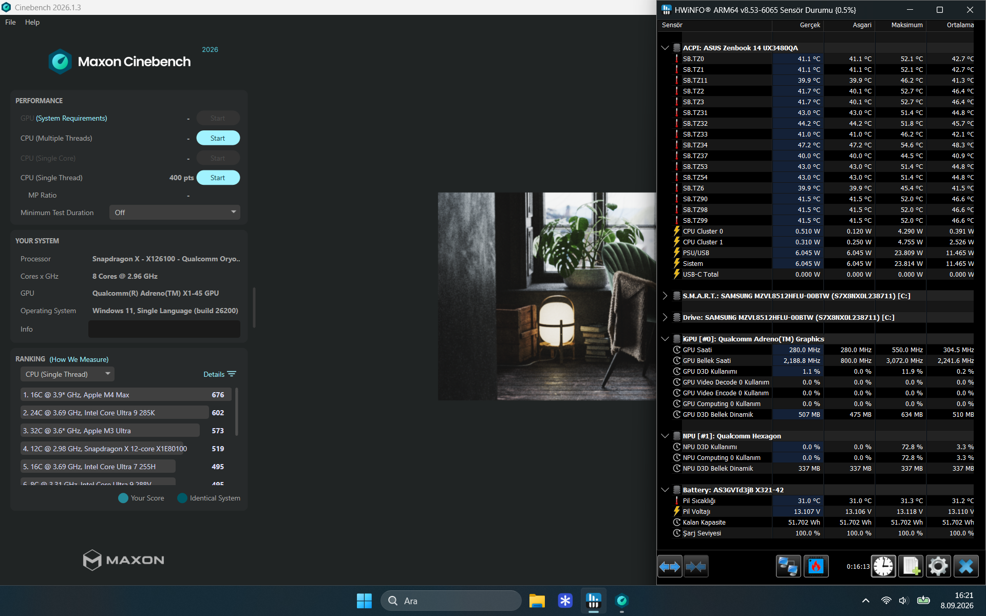 Cinebench 2026 tek iş parçacığı testinde 400 puan