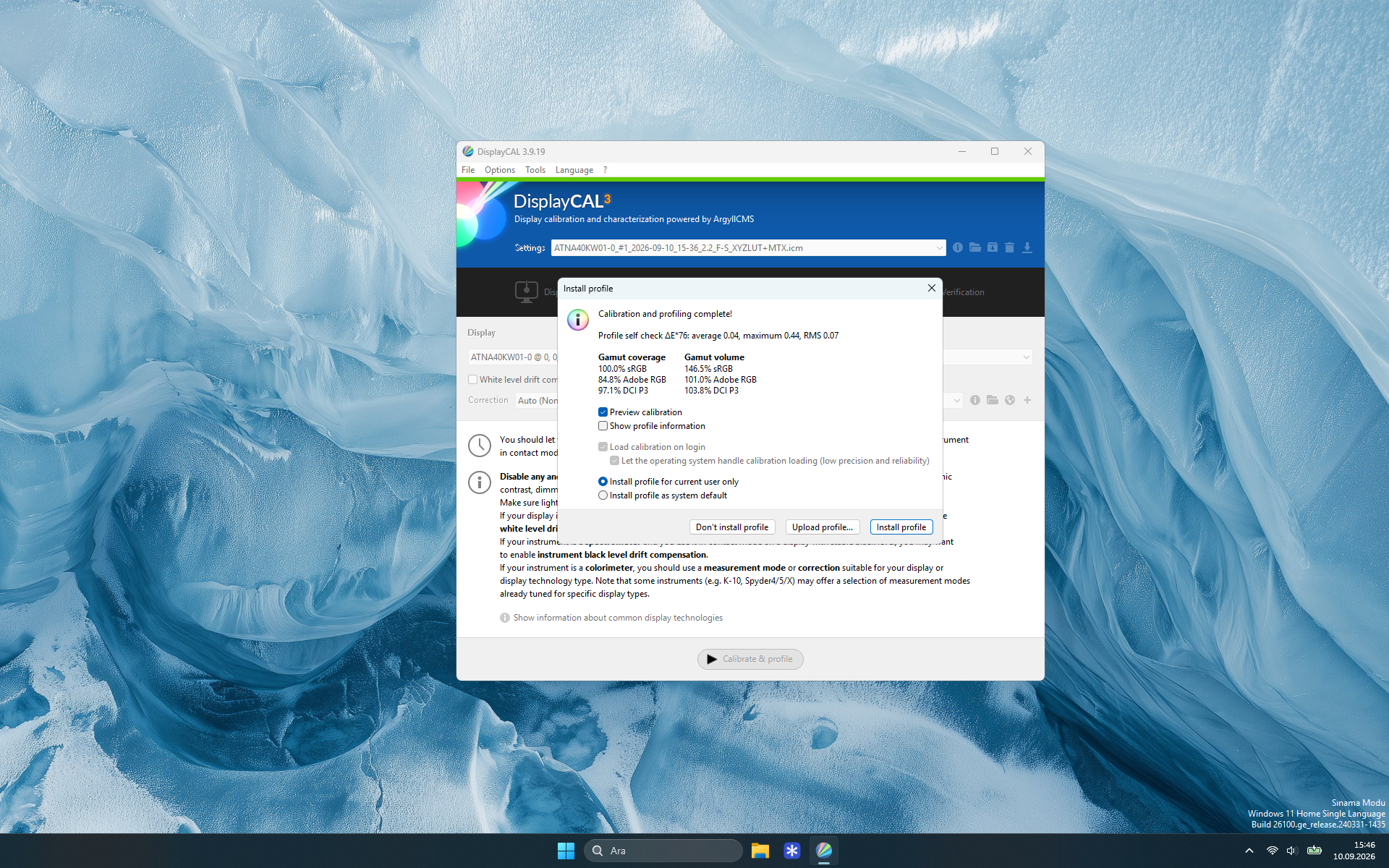 DisplayCAL sonucunda yüzde 100 sRGB, yüzde 84,8 Adobe RGB ve yüzde 97,1 DCI-P3 renk kapsamı