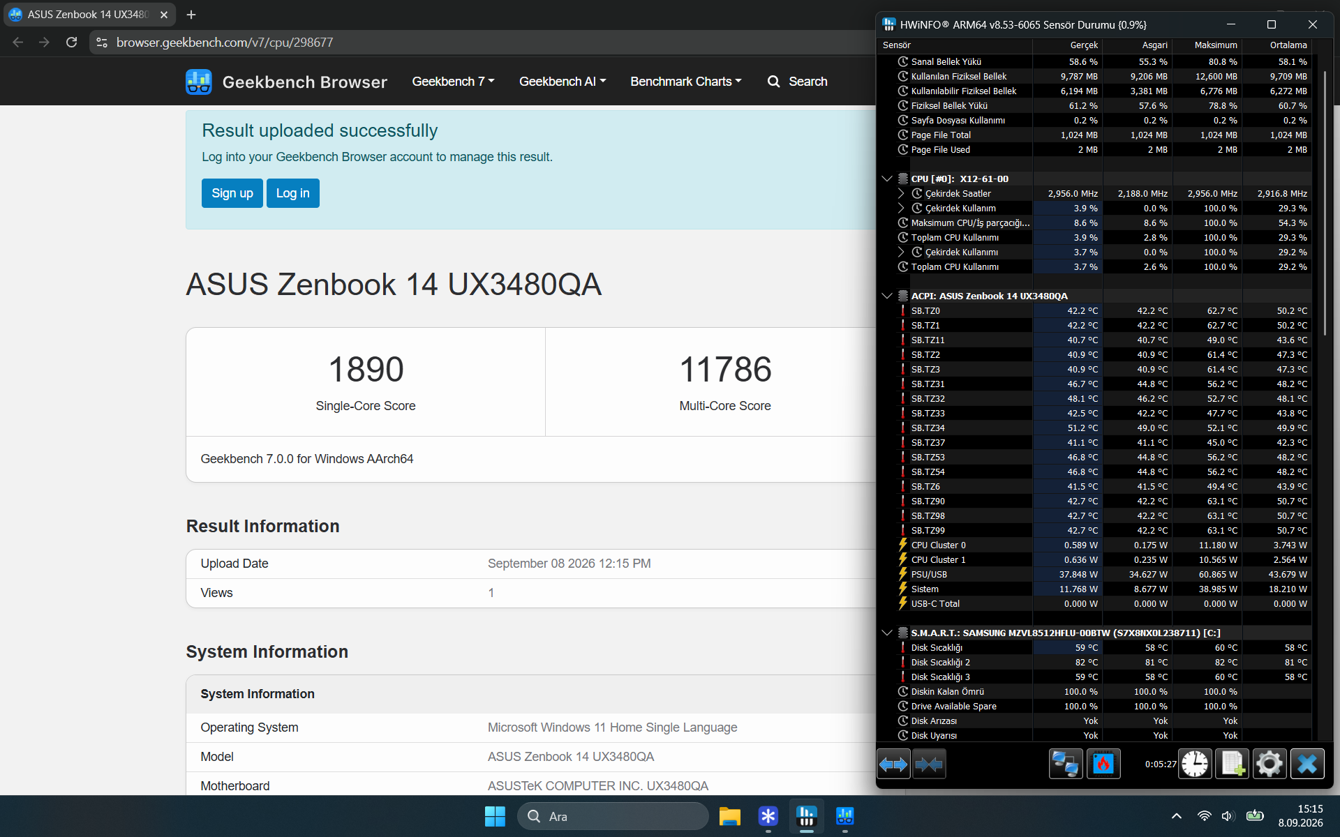 Geekbench 7 işlemci testinde 1890 tek çekirdek ve 11786 çoklu çekirdek puanı