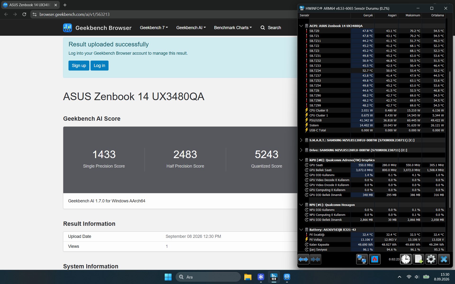 Geekbench AI CPU testinde 1433, 2483 ve 5243 puan