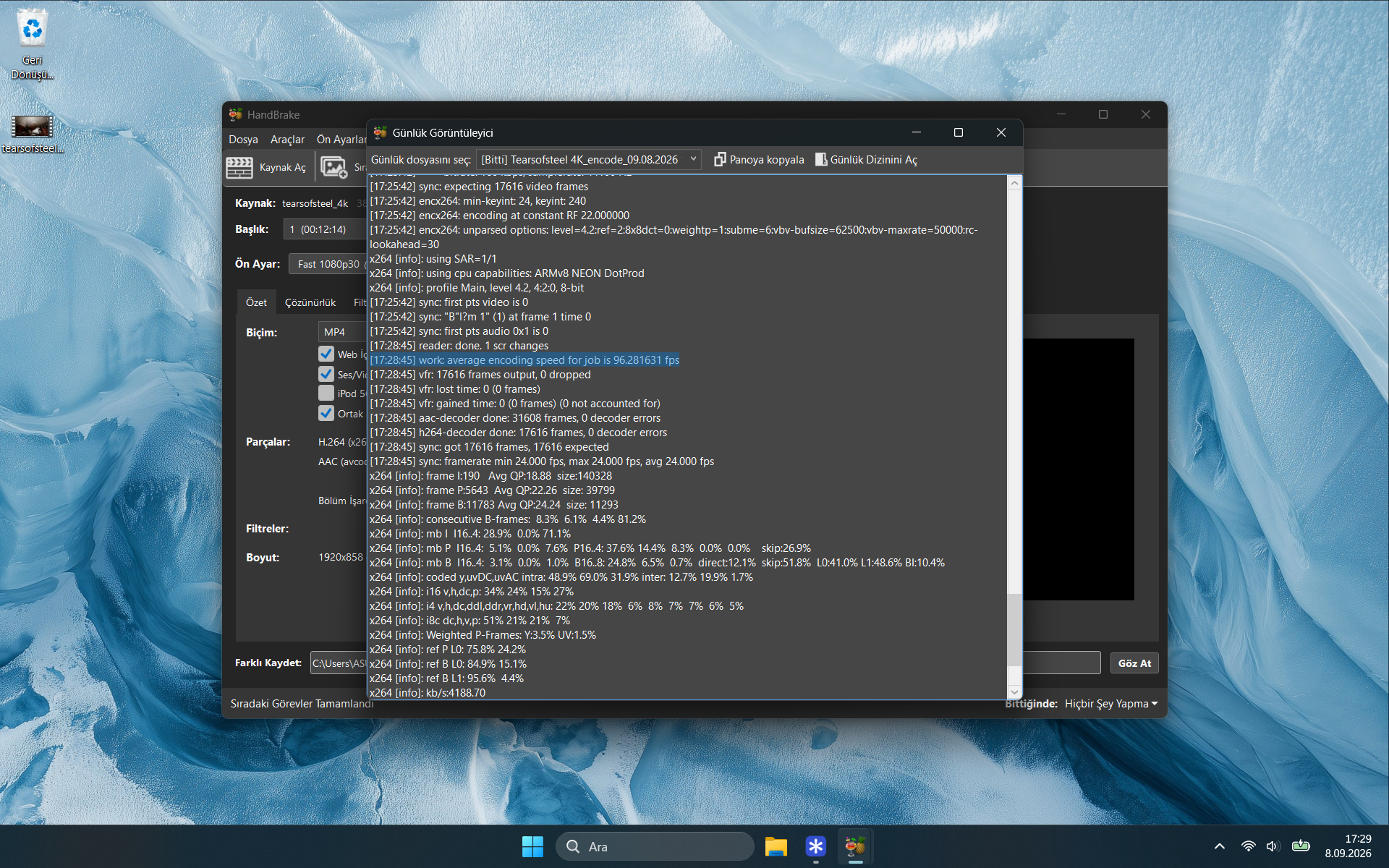HandBrake günlüğünde x264 kodlamada ortalama 96,28 FPS