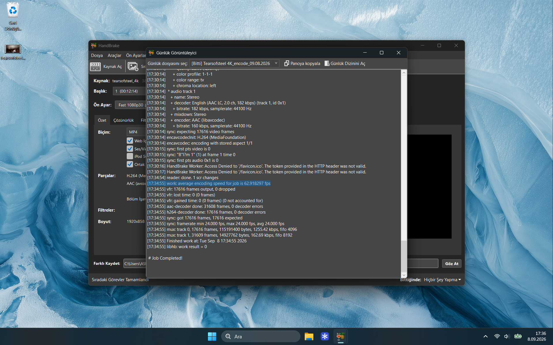 HandBrake günlüğünde MediaFoundation H.264 kodlamada ortalama 62,91 FPS