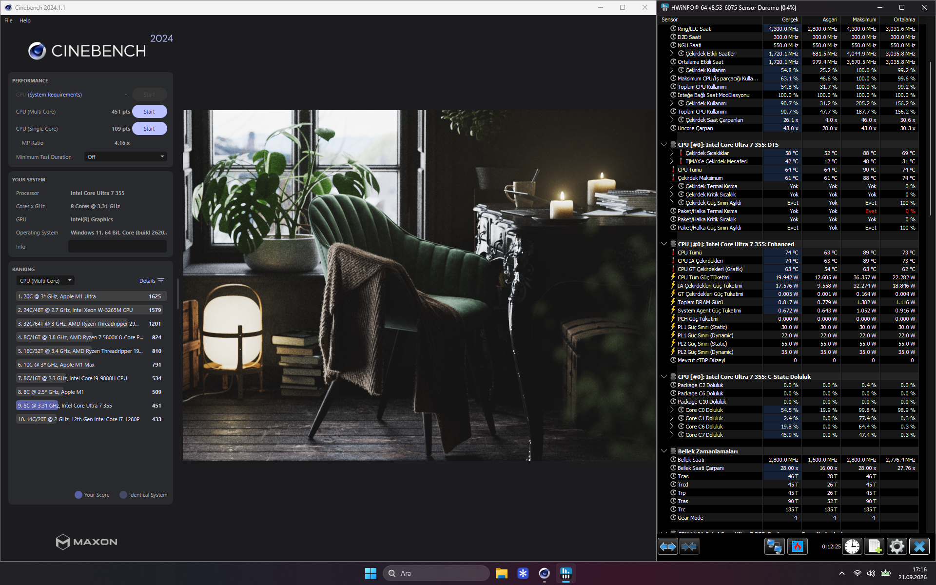 Cinebench 2024 çoklu çekirdek testinde 451 puan