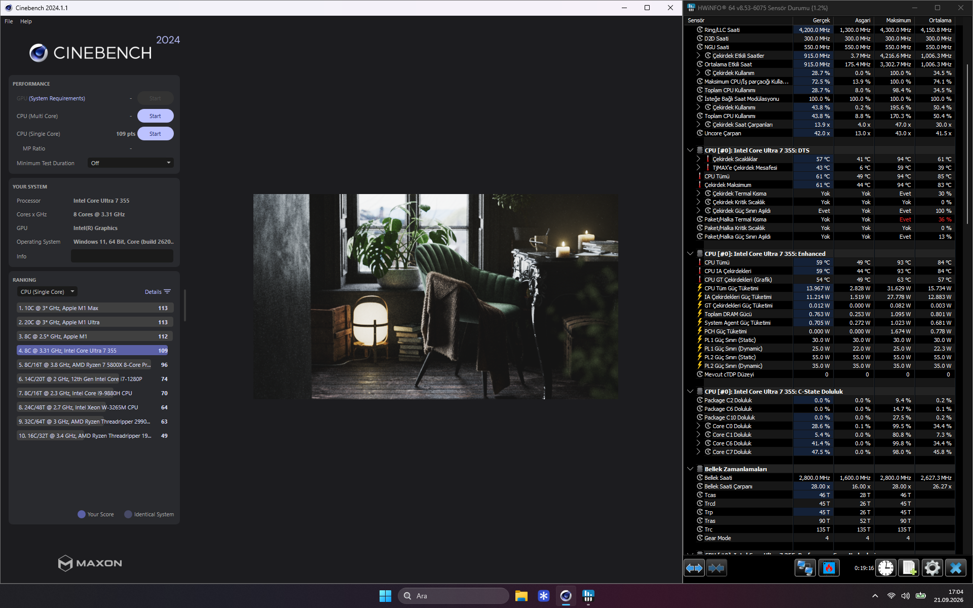 Cinebench 2024 tek çekirdek testinde 109 puan