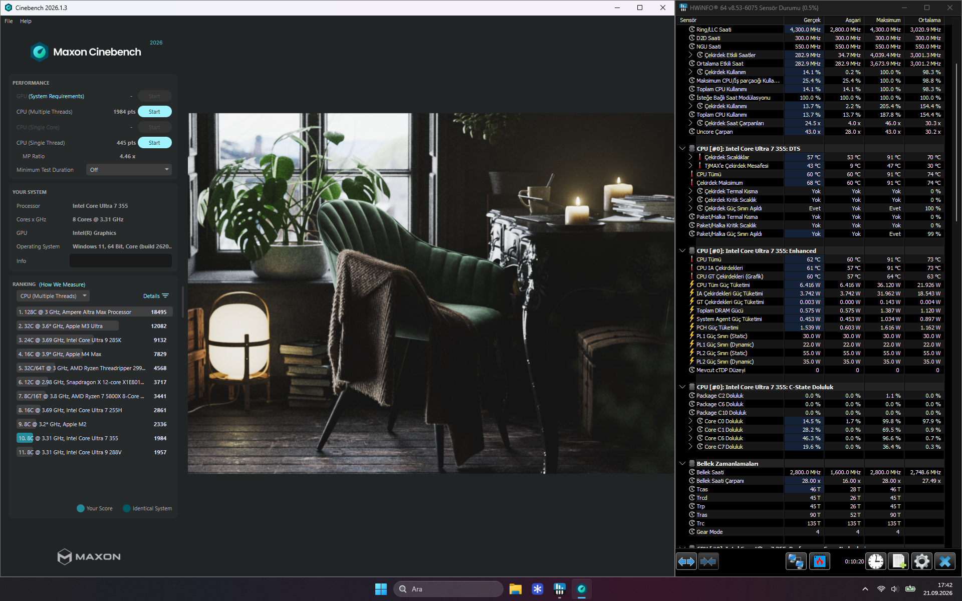 Cinebench 2026 çoklu iş parçacığı testinde 1984 puan
