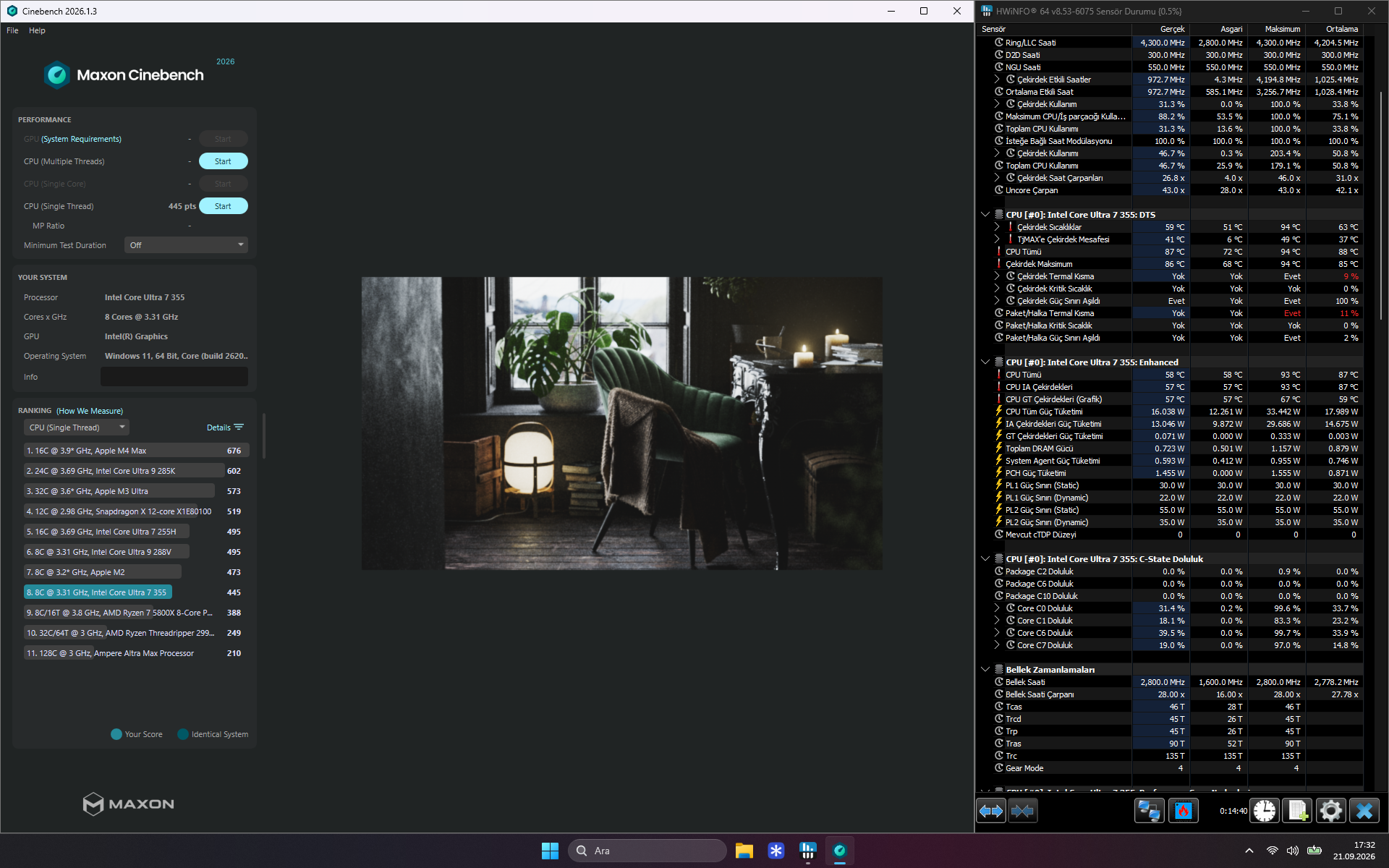 Cinebench 2026 tek iş parçacığı testinde 445 puan