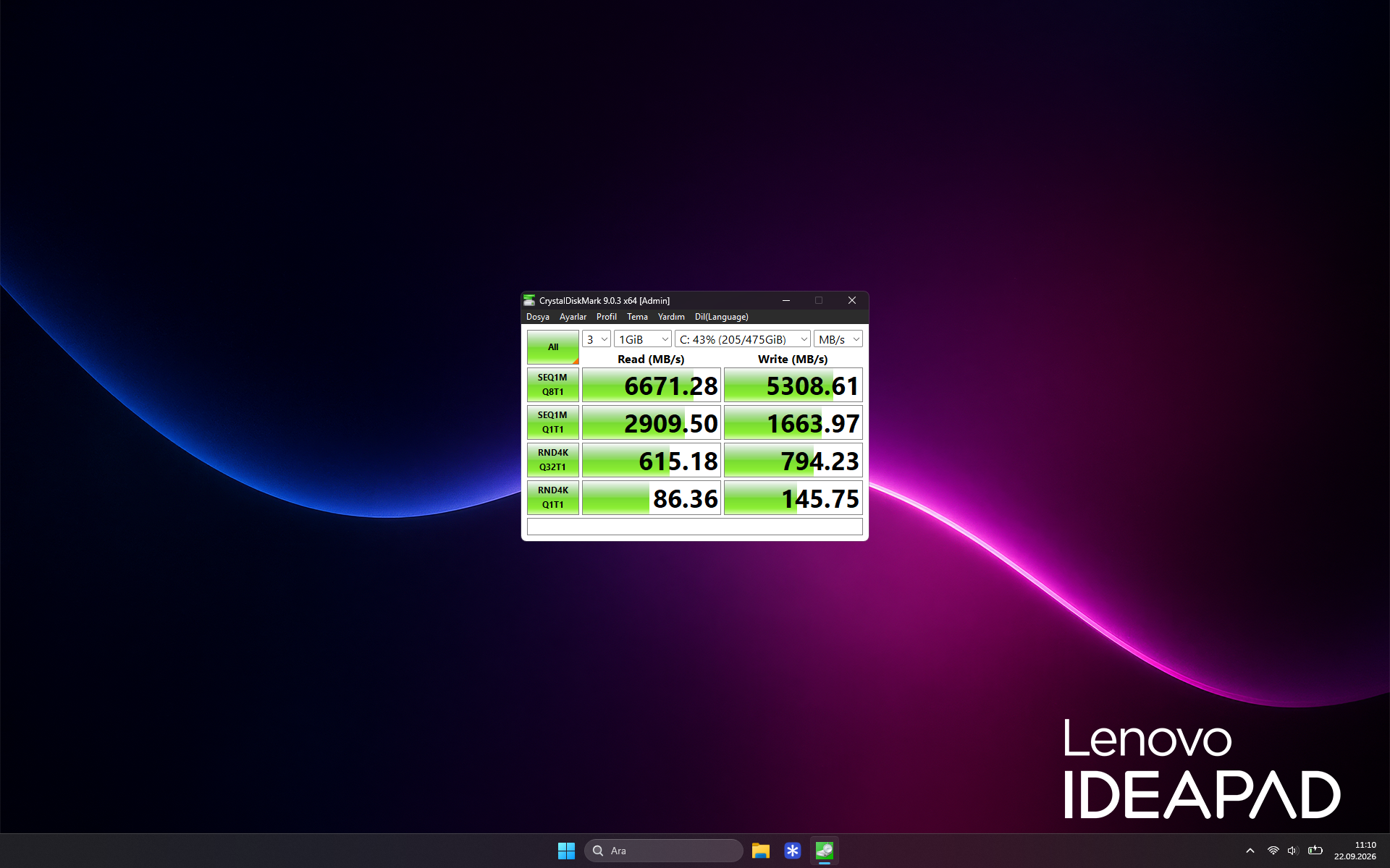 CrystalDiskMark'ta SSD'nin 6671 MB/sn sıralı okuma ve 5308 MB/sn sıralı yazma sonucu