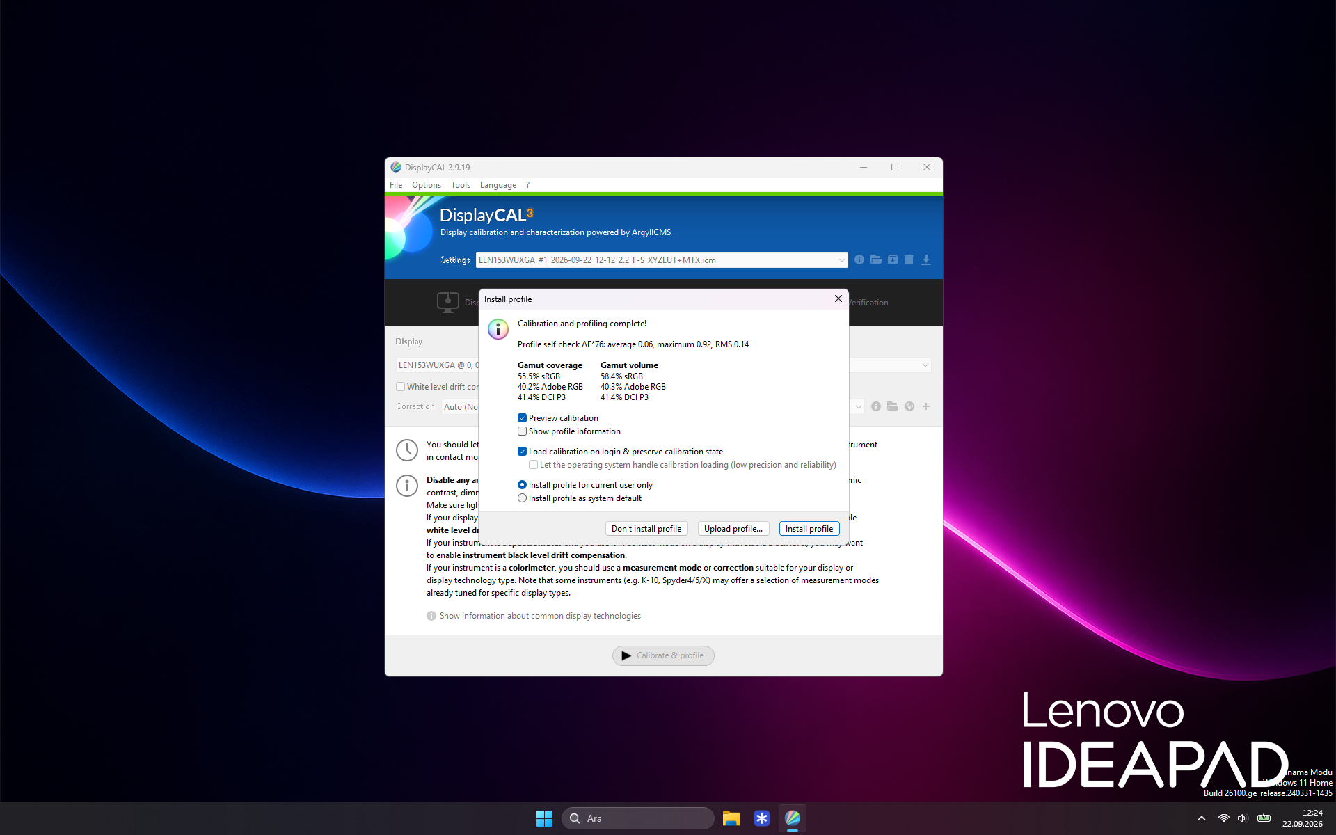DisplayCAL kalibrasyon sonucunda yüzde 55,5 sRGB, yüzde 40,2 Adobe RGB ve yüzde 41,4 DCI-P3 renk kapsamı