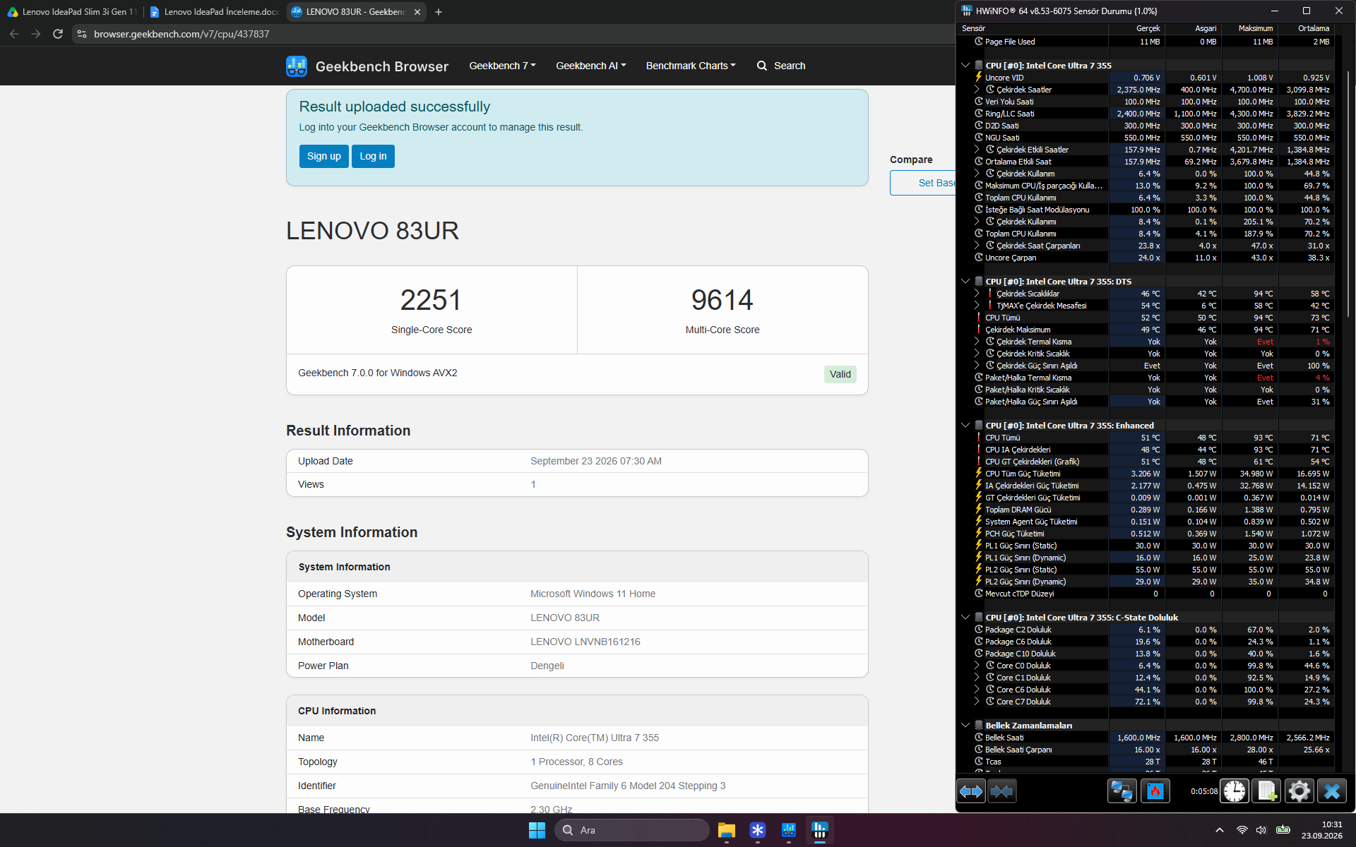 Geekbench 7 işlemci testinde 2251 tek çekirdek ve 9614 çoklu çekirdek puanı