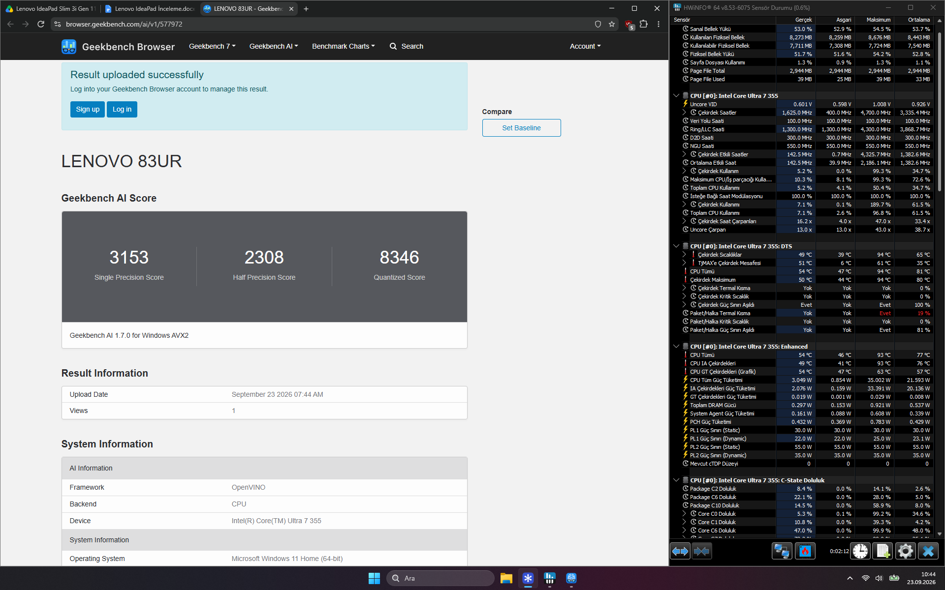 Geekbench AI OpenVINO CPU testinde 3153, 2308 ve 8346 puan