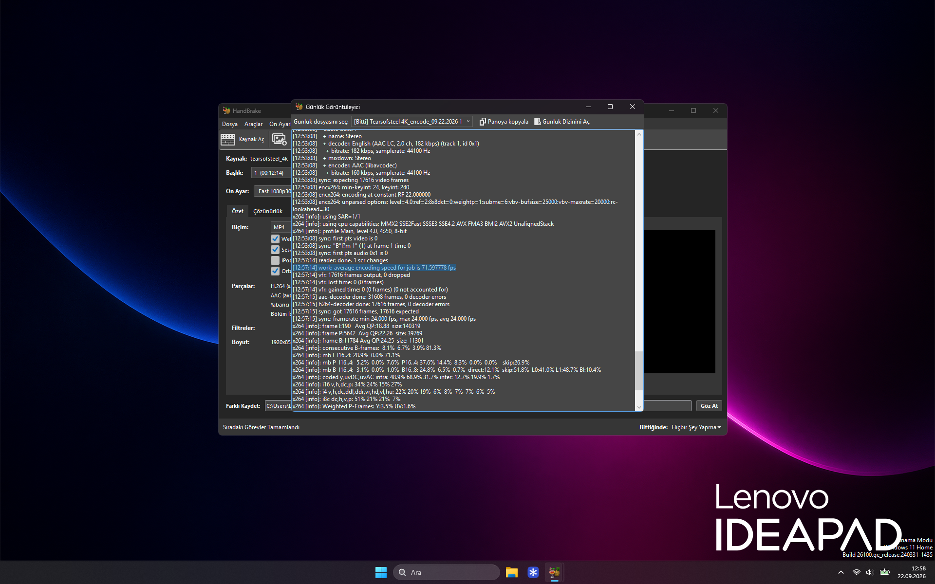 HandBrake günlüğünde x264 kodlamada ortalama 71,59 FPS