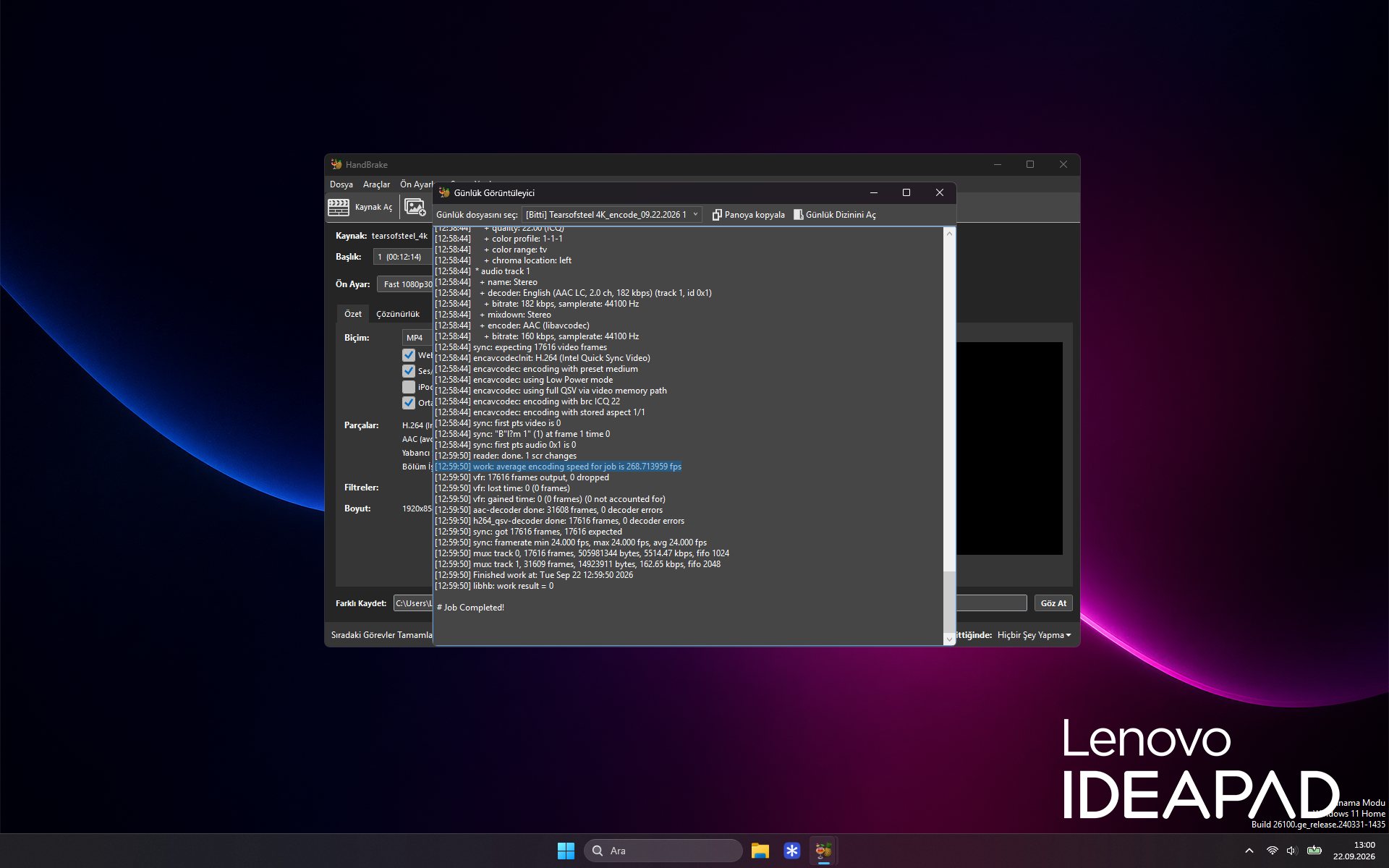 HandBrake günlüğünde Intel Quick Sync kodlamada ortalama 268,71 FPS