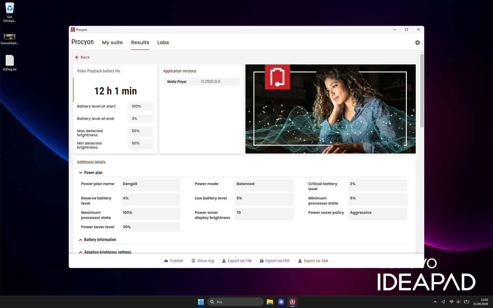Procyon video oynatma pil testinde 12 saat 1 dakika sonucu