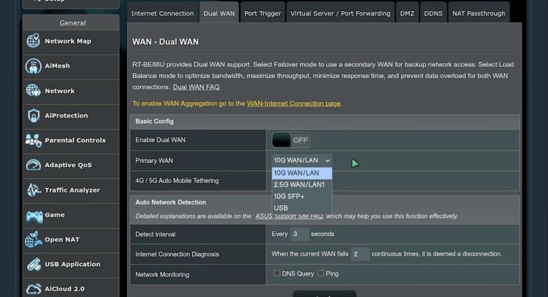 ASUS RT-BE88U Dual WAN sayfasında Primary WAN listesinden 10G SFP+ seçeneği
