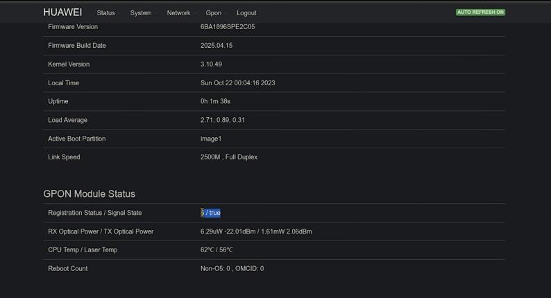 SFP arayüzünde GPON Module Status bölümünde Registration Status değerinin 5 görünmesi