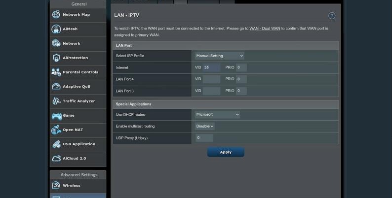 ASUS RT-BE88U LAN IPTV sayfasında Manual Setting seçilip Internet VID değerine 35 yazılması