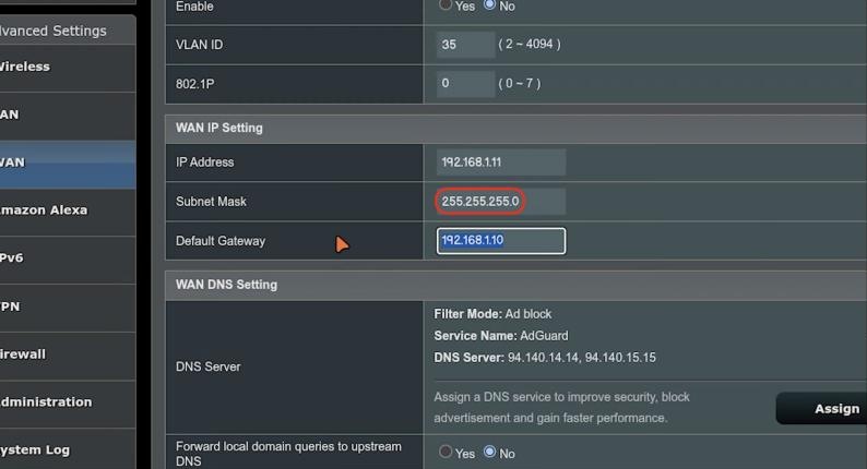 ASUS RT-BE88U WAN sayfasında 802.1Q kapalıyken IP adresi, alt ağ maskesi ve ağ geçidinin girilmesi