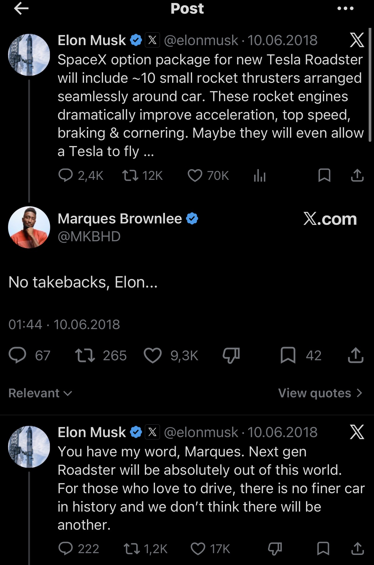 Elon Musk ve Marques Brownlee’nin 2018 Roadster paylaşımları